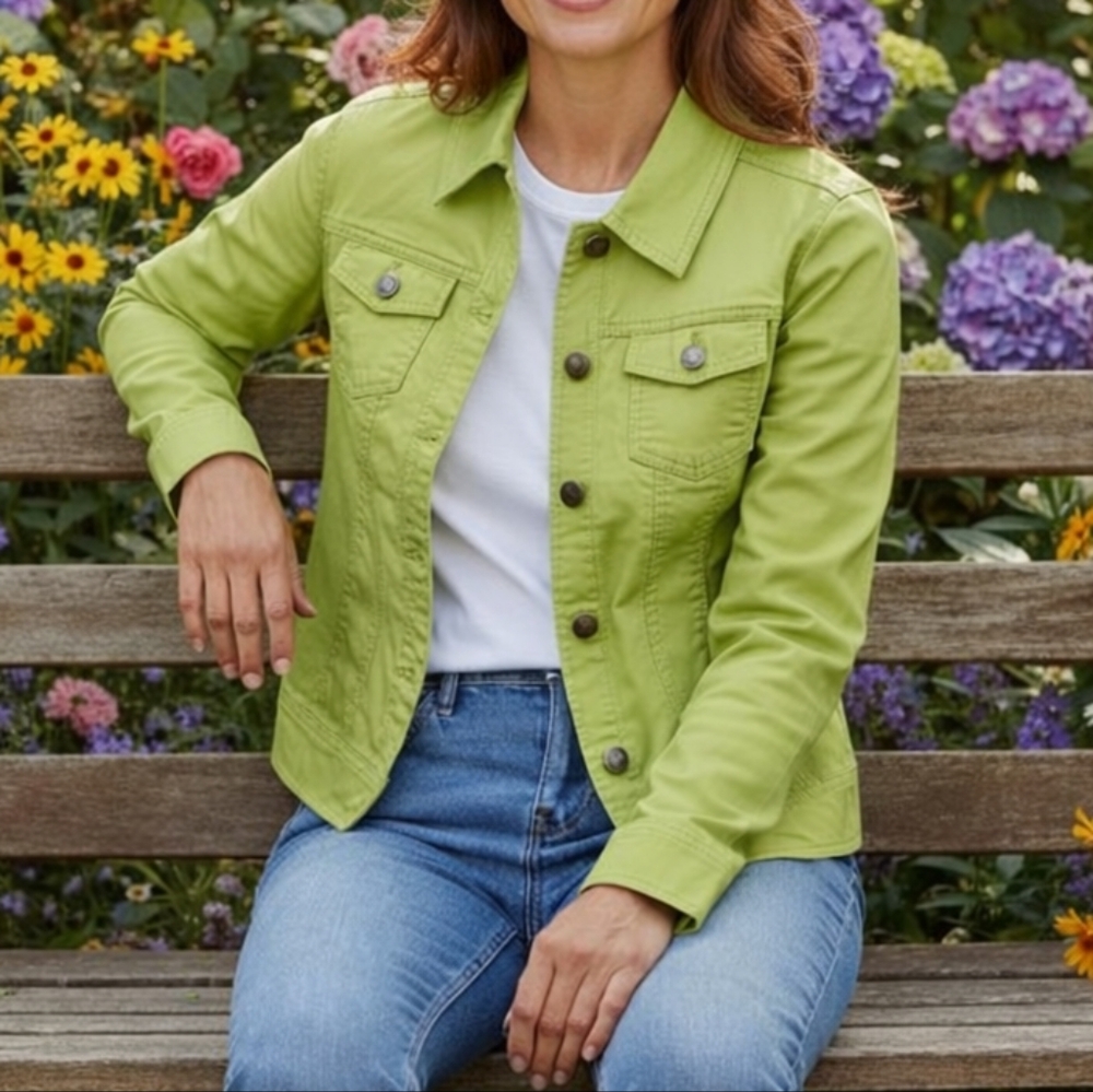 Amber Sun Small Trucker Jacket Cotton Lime Green Pockets Button Up Lightweight